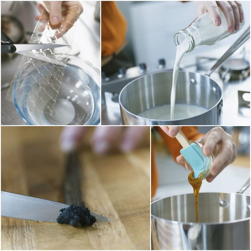 Quattro fasi della crema al latte: gelatina in ammollo, latte versato in pentola, semini di vaniglia raschiati e miele colato