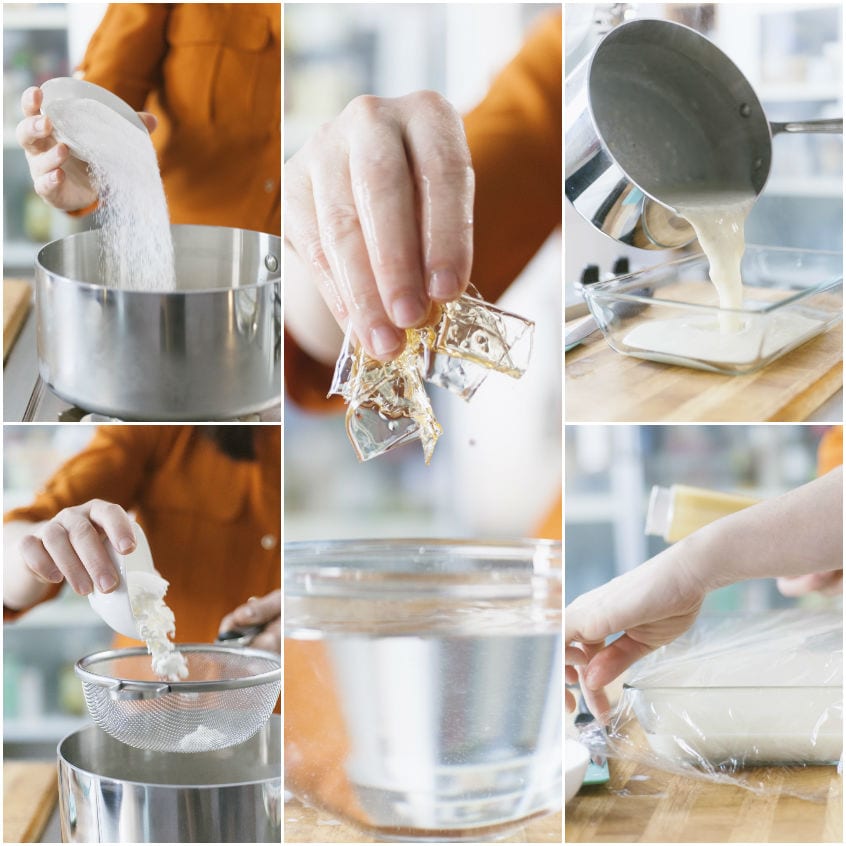 Preparazione della crema al latte: zucchero versato in pentola, gelatina strizzata, crema colata e coperta con pellicola