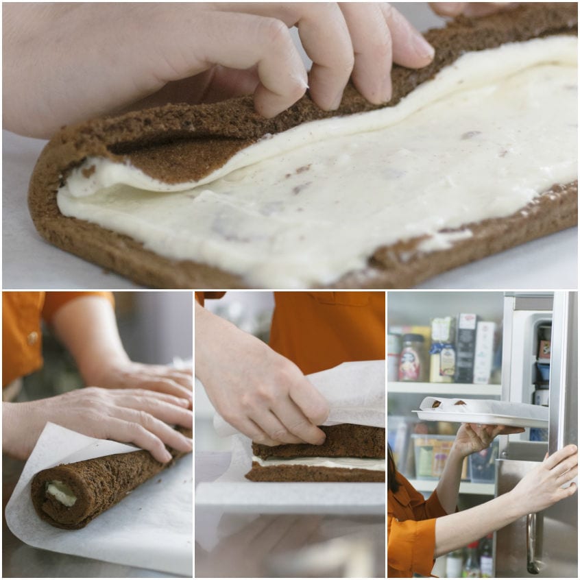 Crema spalmata sul pan di spagna al cacao, poi arrotolato con carta forno e riposto in freezer