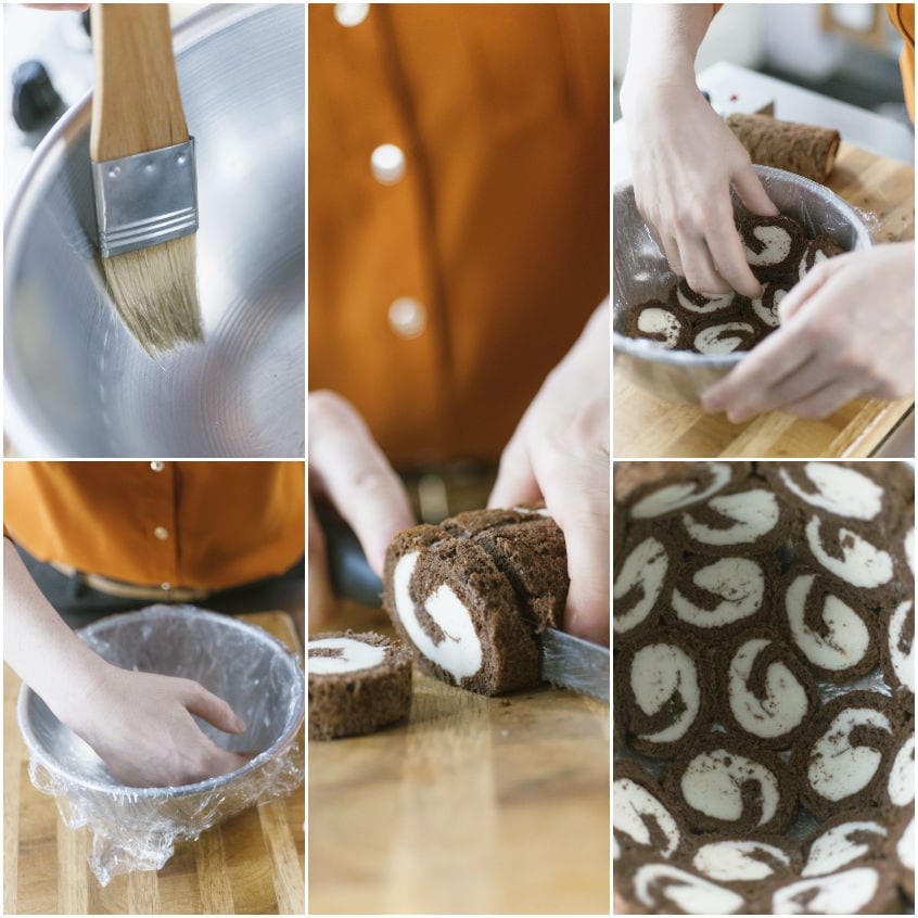 Fette di swiss roll al cioccolato con farcitura bianca disposte a rivestire uno stampo foderato di pellicola