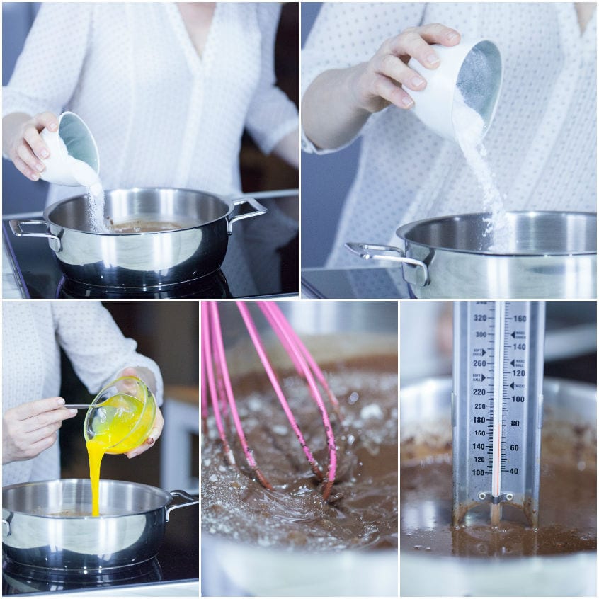 Mani versano zucchero e tuorlo nella base al cioccolato, poi si mescola e si misura la temperatura