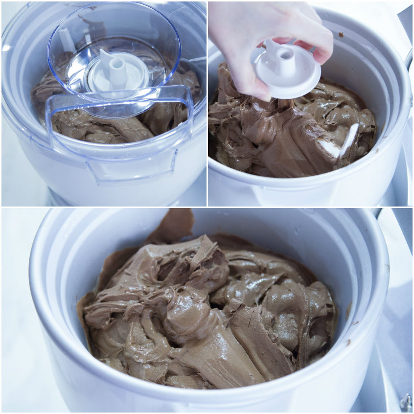 Gelato al cioccolato appena mantecato nella gelatiera, cremoso e morbido, pronto da servire