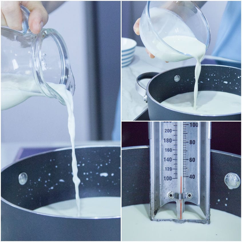 Latte e panna versati in un tegame, con termometro che segna la temperatura raggiunta