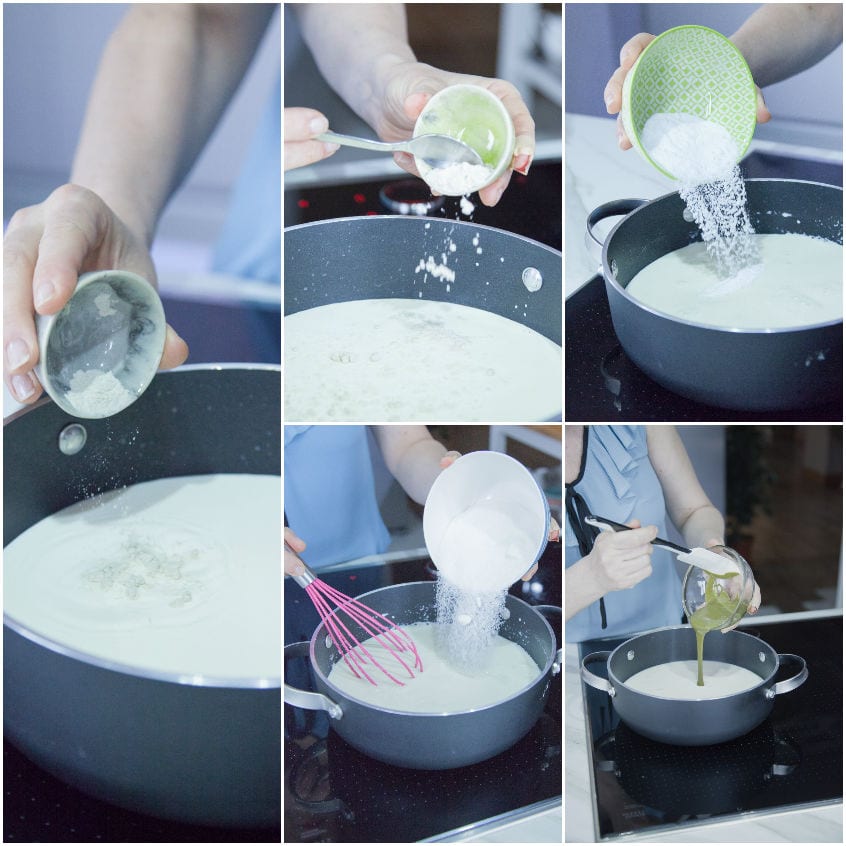 Ingredienti in polvere e pasta di pistacchio versati nel latte caldo sul fuoco
