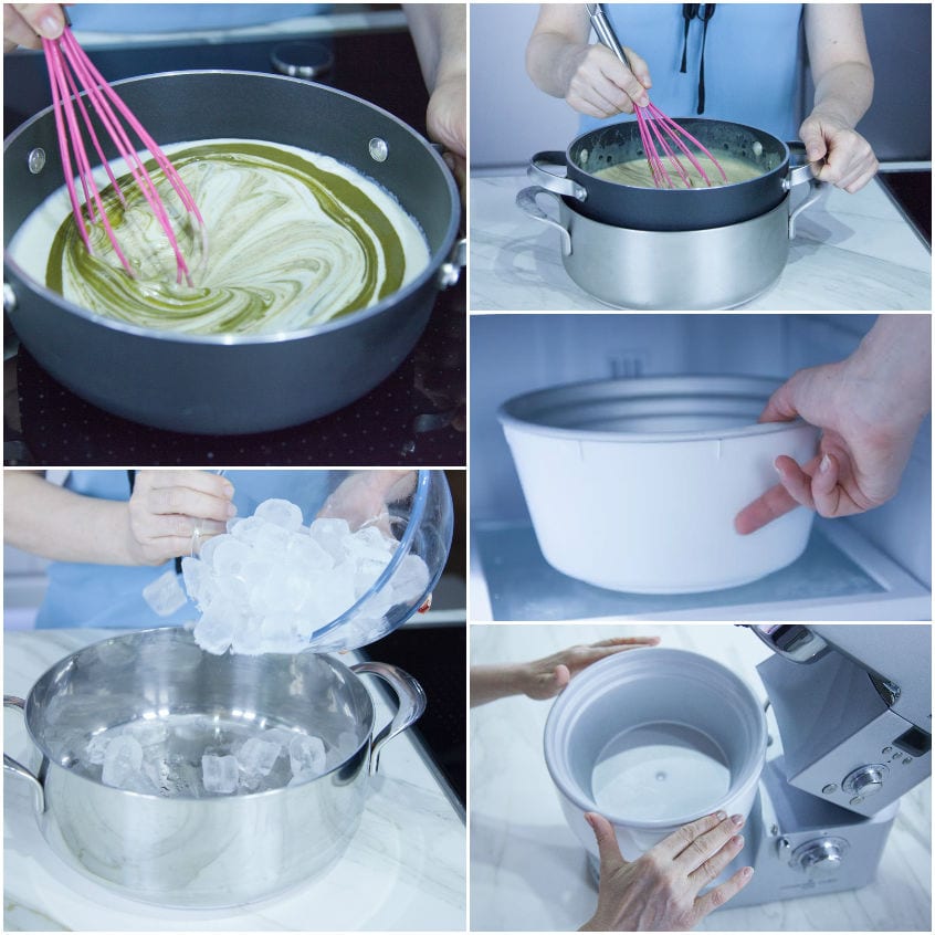 Preparazione della base del gelato al pistacchio: cottura, raffreddamento in acqua e ghiaccio e gelatiera pronta