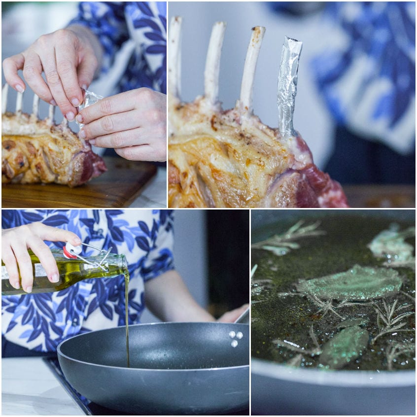 Costolette di carré rivestite con alluminio e olio versato in padella con erbe aromatiche in cottura