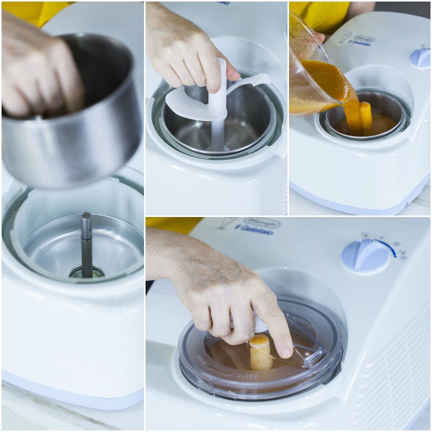 Preparazione della gelatiera: inserimento della ciotola, del coperchio e versamento del composto all'albicocca