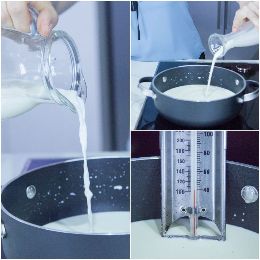 Latte e panna versati in un tegame, con termometro da cucina immerso nel liquido