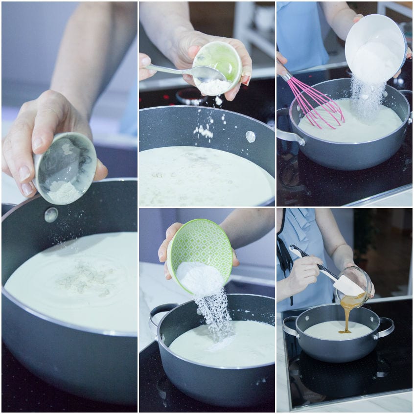 Ingredienti in polvere e pasta di nocciole versati nel latte caldo sul fuoco