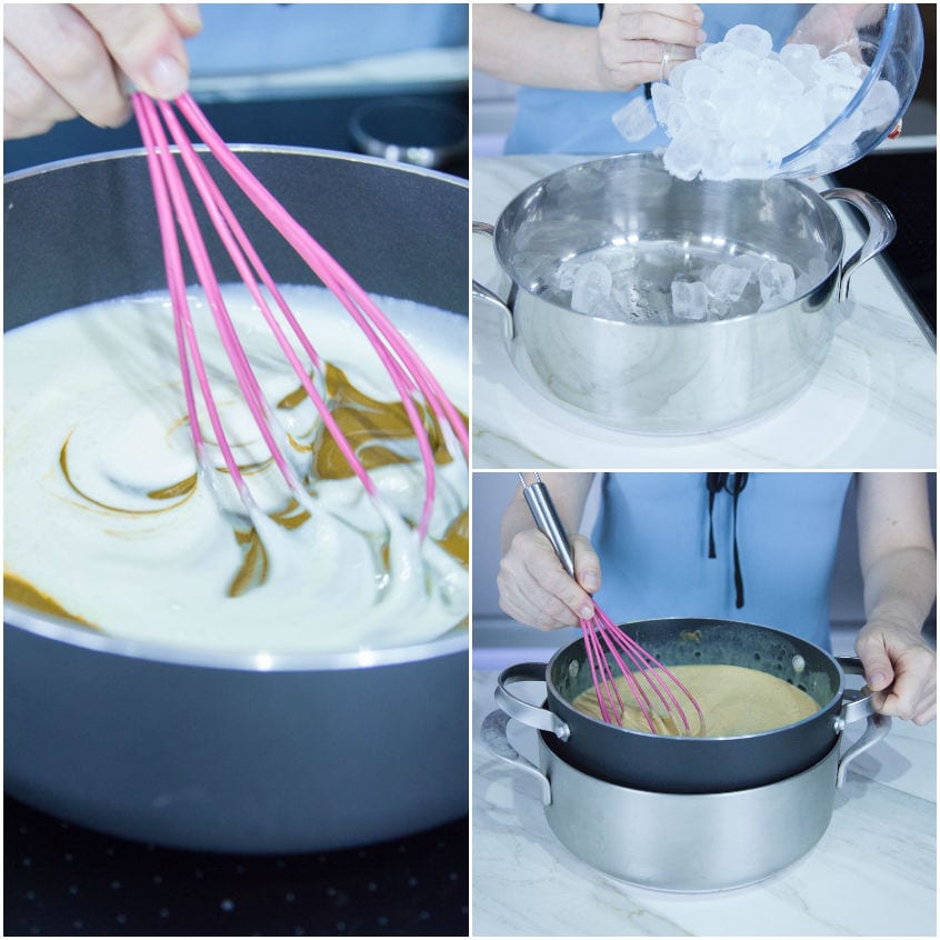 Crema per gelato alla nocciola mescolata con fruste, poi raffreddata su bagno di ghiaccio
