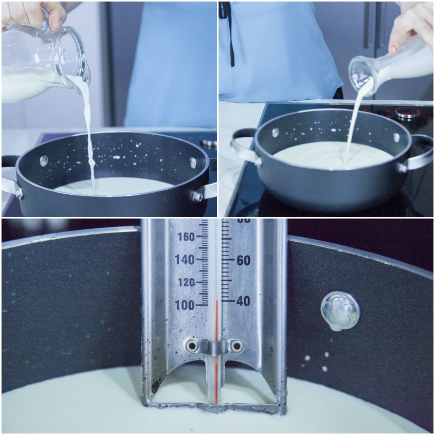 Latte e panna versati in un tegame, con termometro immerso nel composto bianco