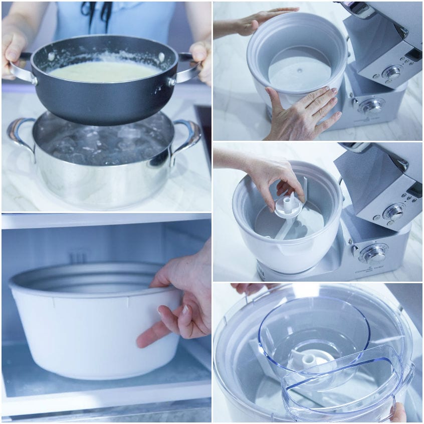 Crema inglese raffreddata a bagnomaria di ghiaccio, poi versata nella gelatiera per la mantecatura