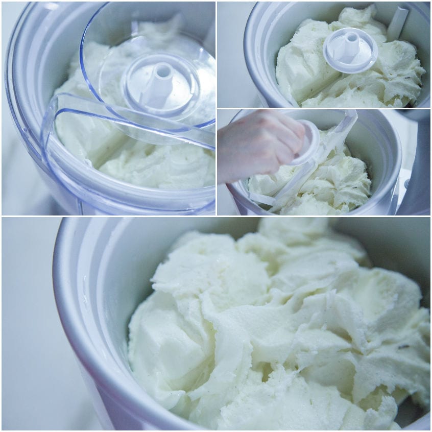 Gelato alla vaniglia in fase di mantecatura nella gelatiera, con la pala che lavora il composto