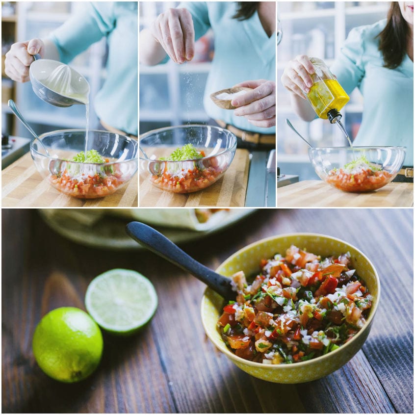 Condimento della salsa di pomodori con succo di lime, sale e olio versati in ciotola