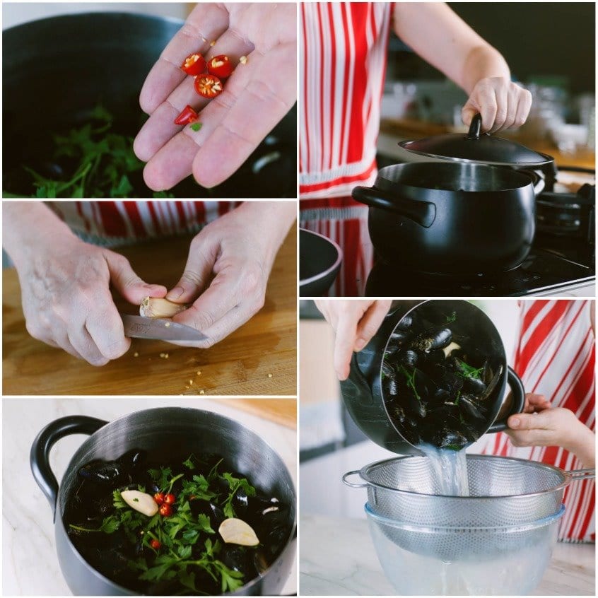 Cozze in pentola con aglio, prezzemolo e peperoncino, poi scolate filtrando il liquido di cottura
