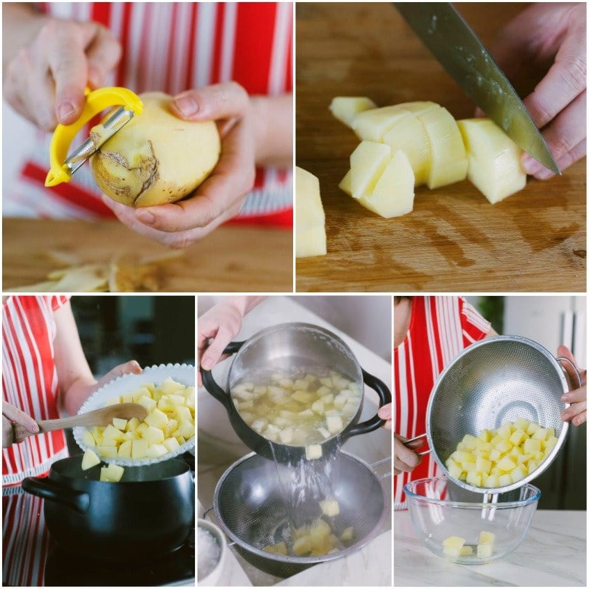 Patate pelate, tagliate a cubetti, lessate e scolate pronte per la crema