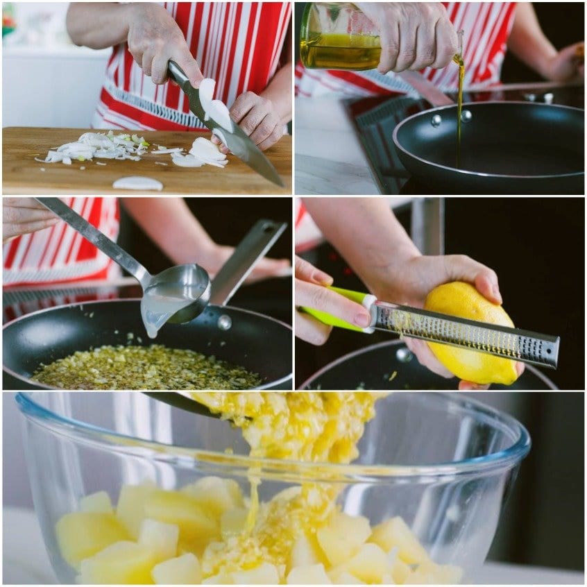 Collage di preparazione: cipollotto tritato, olio versato in padella, soffritto con acqua, scorza di limone grattugiata e tutto versato sulle patate