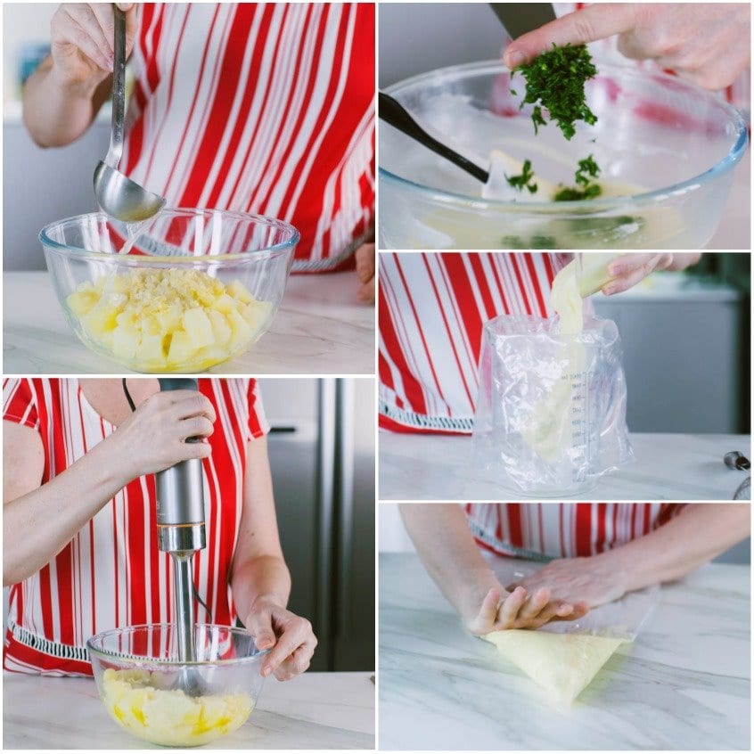 Passaggi per preparare la crema di patate: si frulla, si aggiunge prezzemolo e si trasferisce in sac à poche