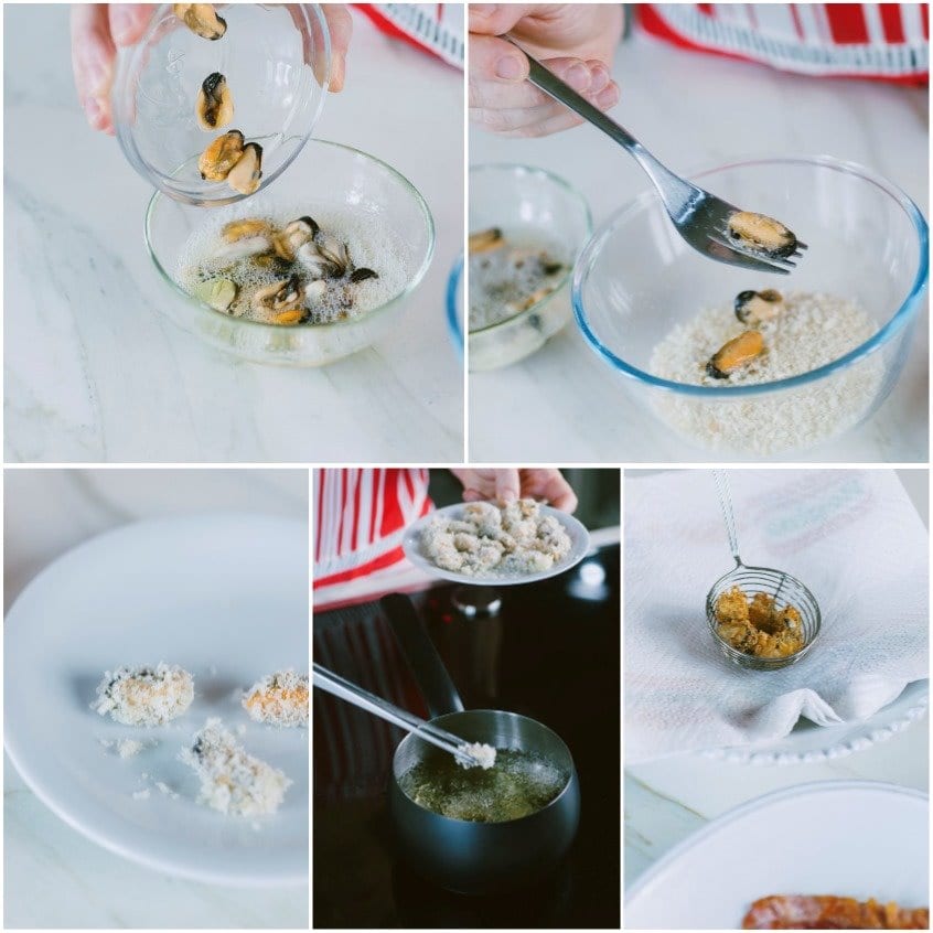 Cozze passate nell'albume e nel panko, poi fritte in olio e scolate dorate
