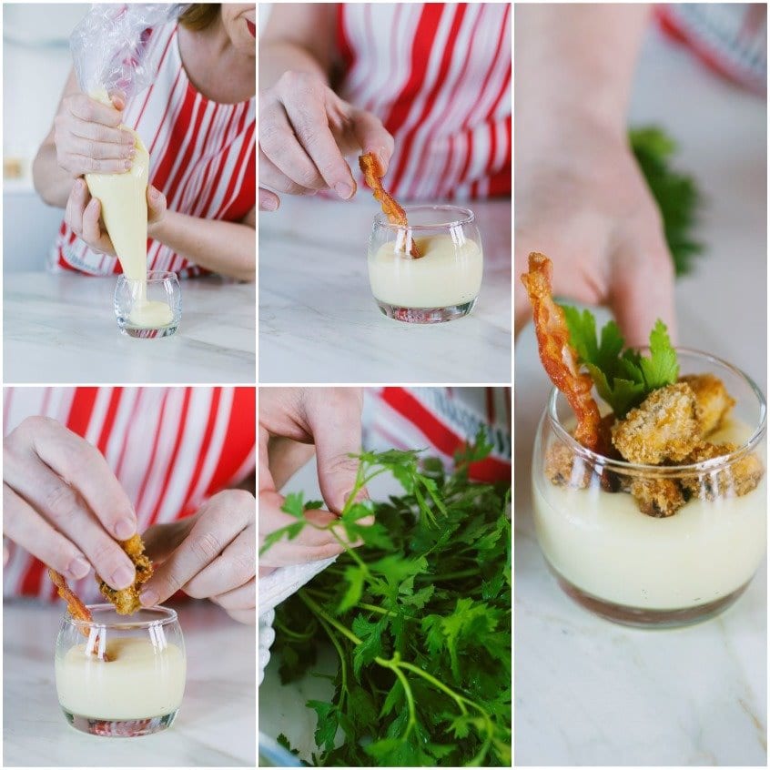 Assemblaggio dei bicchierini: crema di patate versata, poi guanciale croccante, cozze fritte e prezzemolo