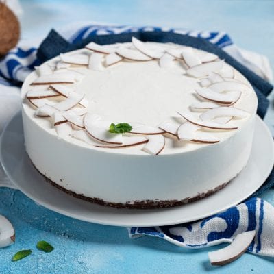 Cheesecake al cocco con scaglie di cocco fresco disposte a corona e una fogliolina di menta al centro