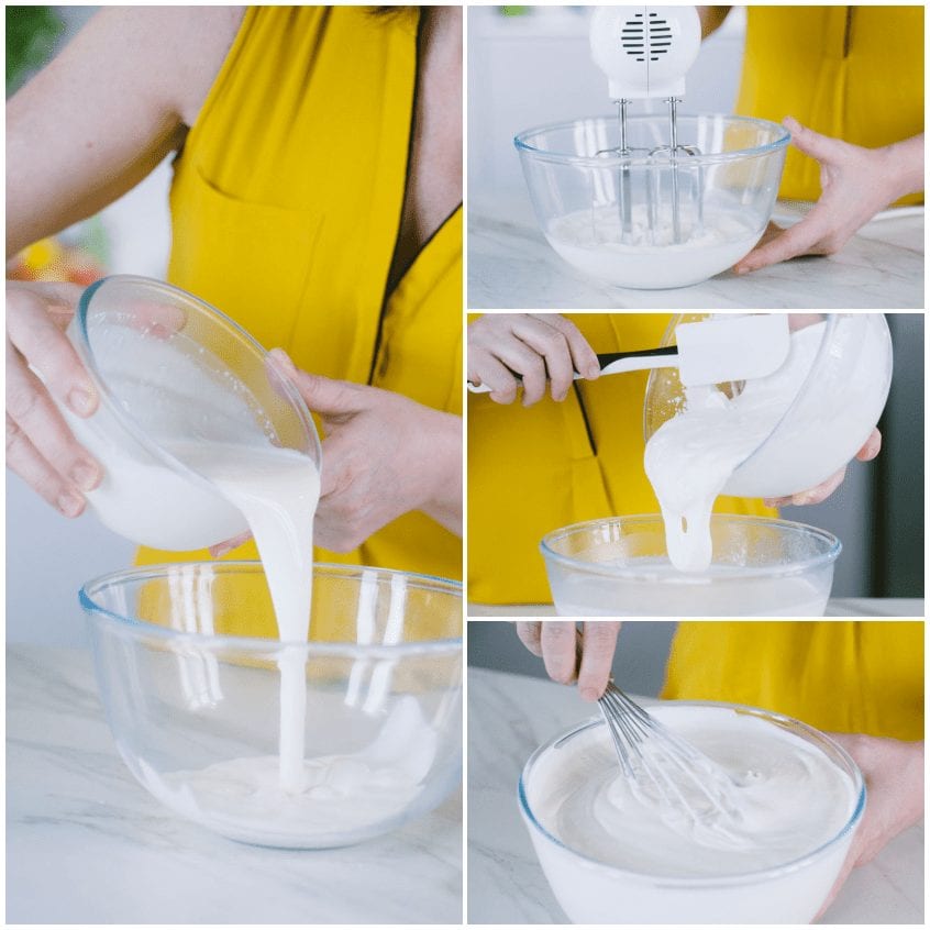 Panna montata versata e incorporata delicatamente alla crema di ricotta con una spatola