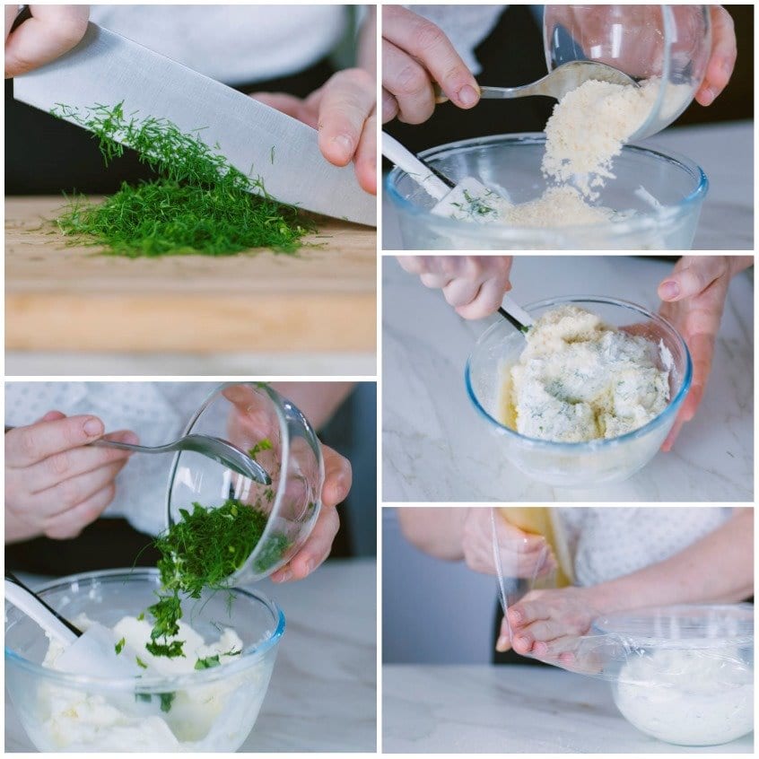 Preparazione della crema con ricotta, finocchietto tritato e Grana Padano amalgamati insieme