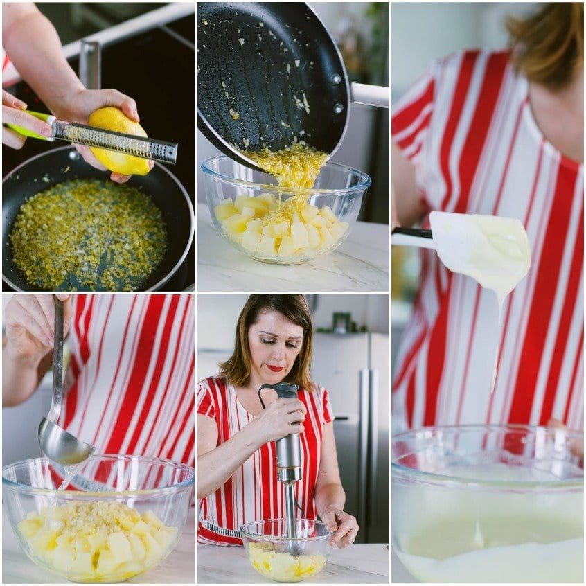 Preparazione della crema di patate con scorza di limone grattugiata e frullatore a immersione
