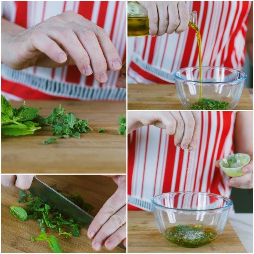 Erbe aromatiche tritate sul tagliere, poi mescolate con olio extravergine e succo di limone in una ciotola