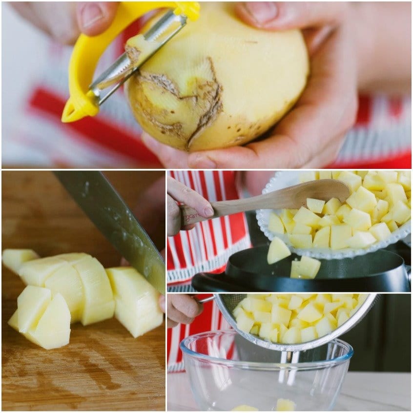 Patate pelate, tagliate a cubetti, saltate in padella e scolate in una ciotola
