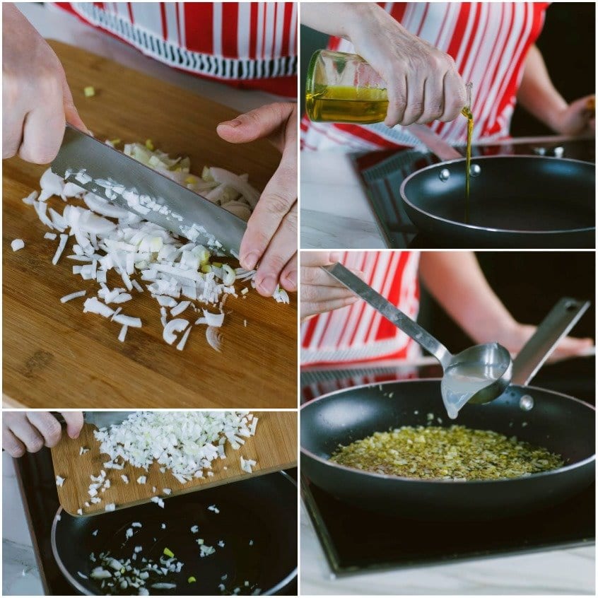 Cipolla tritata sul tagliere, poi versata in padella con olio e rosolata con un mestolo di liquido