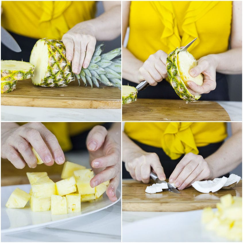 Sequenza di pulizia e taglio a tocchetti di ananas e cocco fresco su tagliere di legno