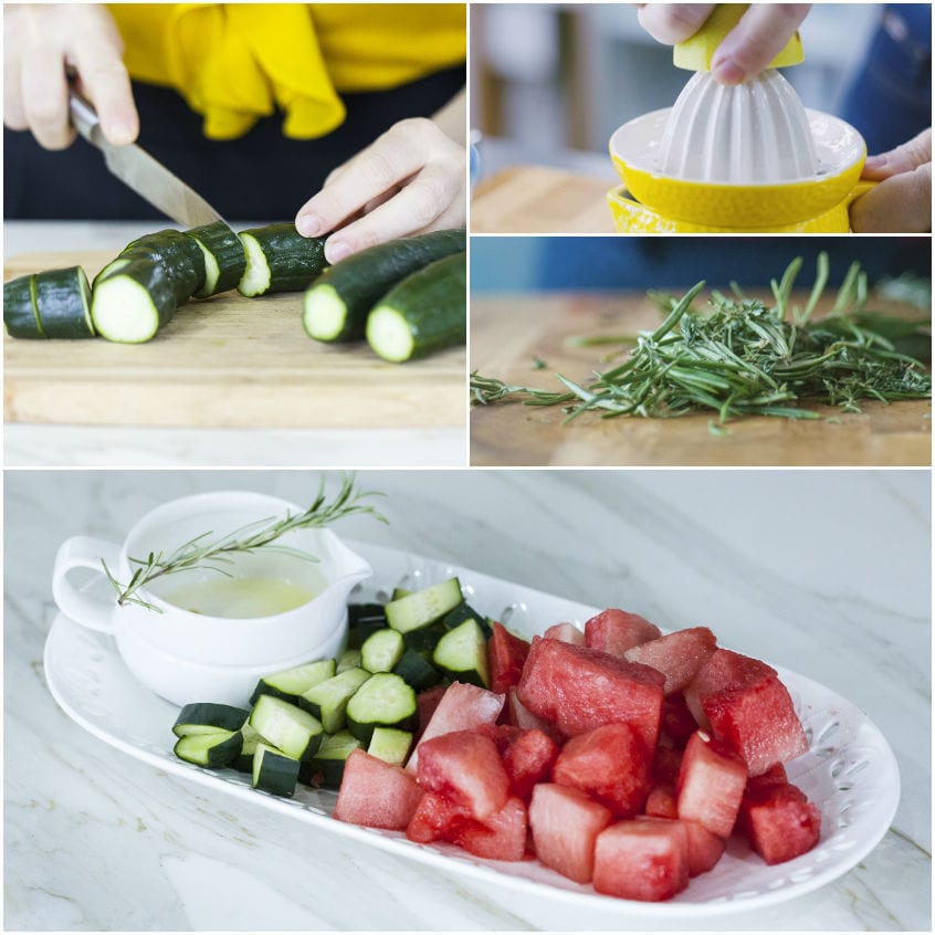 Cetriolo tagliato a cubetti, anguria a pezzi, rosmarino tritato e succo di limone appena spremuto