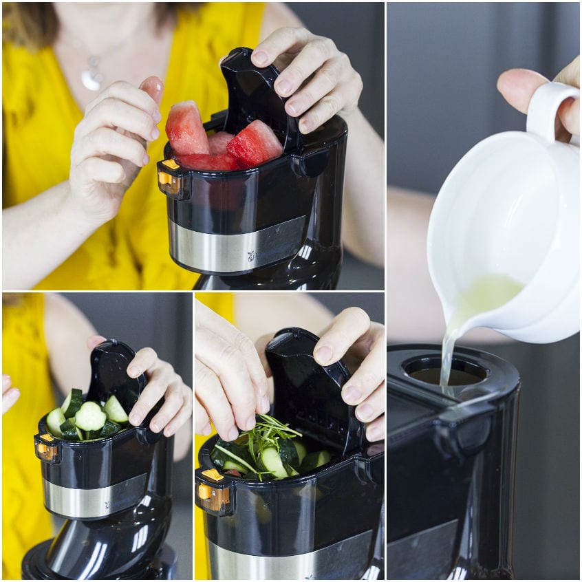 Anguria, cetriolo e rosmarino inseriti nell'estrattore, poi il succo versato nel raccoglitore