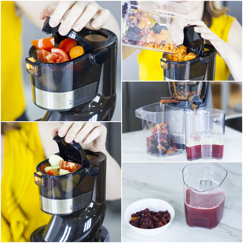 Preparazione del succo con estrattore: pomodori, mela e scarti ripassati per ottenere tutto il succo