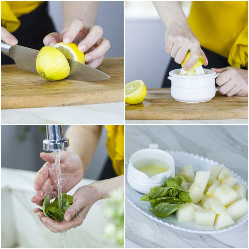 Limone tagliato a metà, poi spremuto, foglie di basilico lavate sotto l'acqua corrente e melone a cubetti con succo di limone