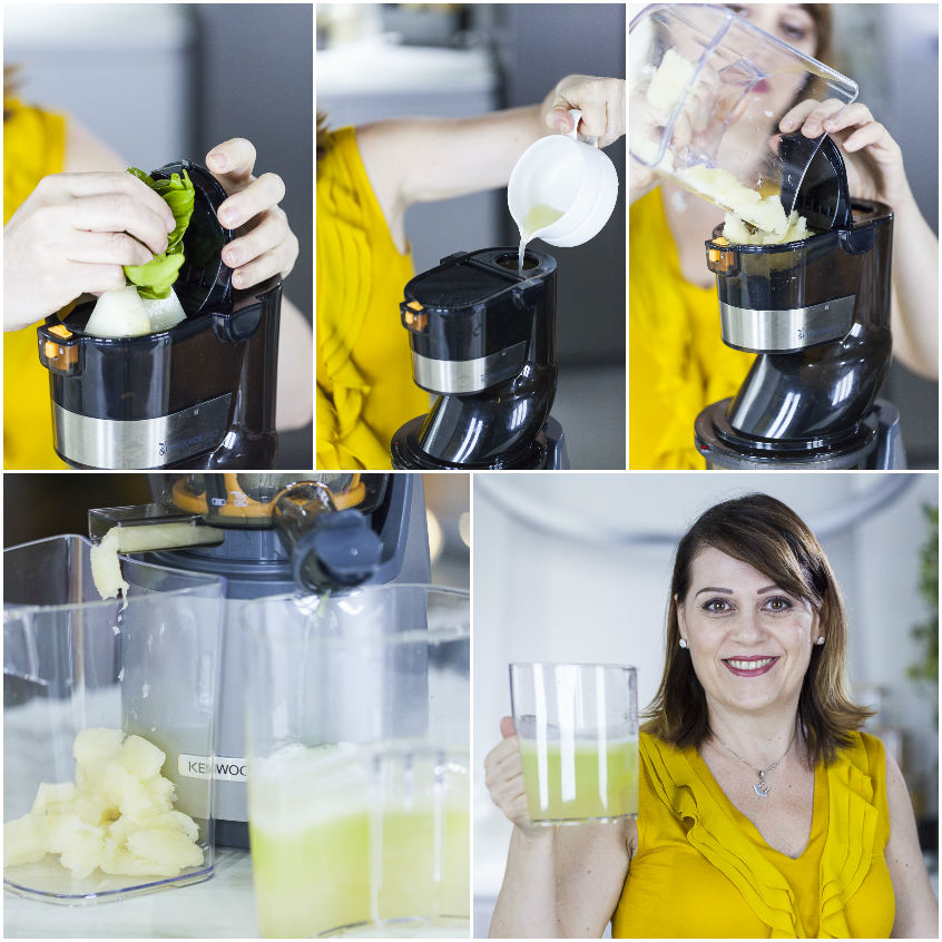 Preparazione del succo al melone con estrattore: ingredienti inseriti e succo verde raccolto nel bicchiere