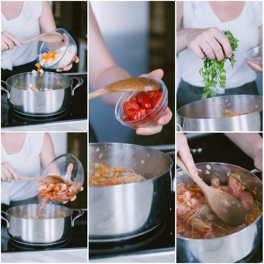 Preparazione della bisque: soffritto di verdure, pomodorini, gamberi e prezzemolo aggiunti in pentola