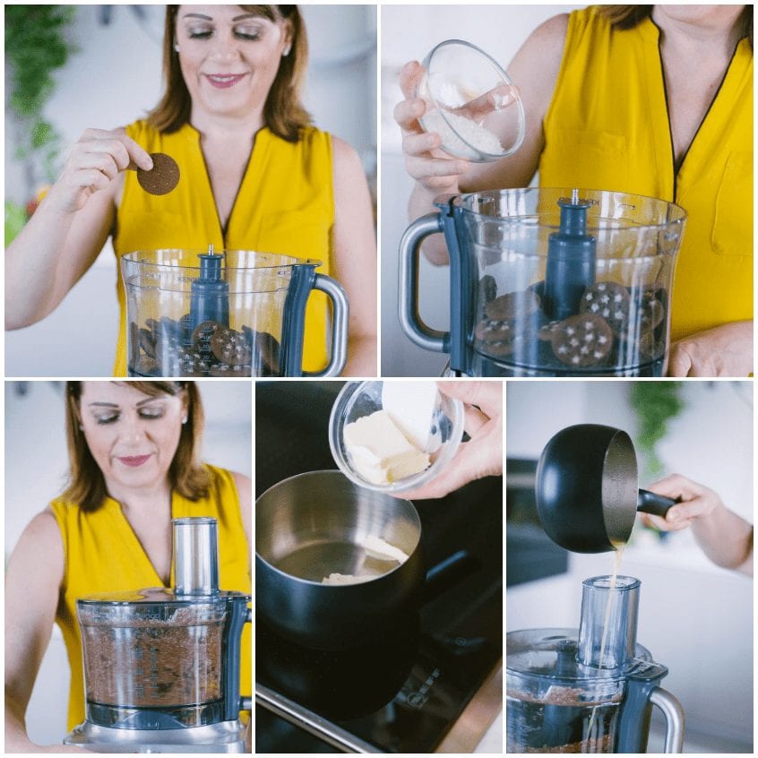 Biscotti al cacao e cocco tritati nel food processor, poi burro fuso versato sul composto