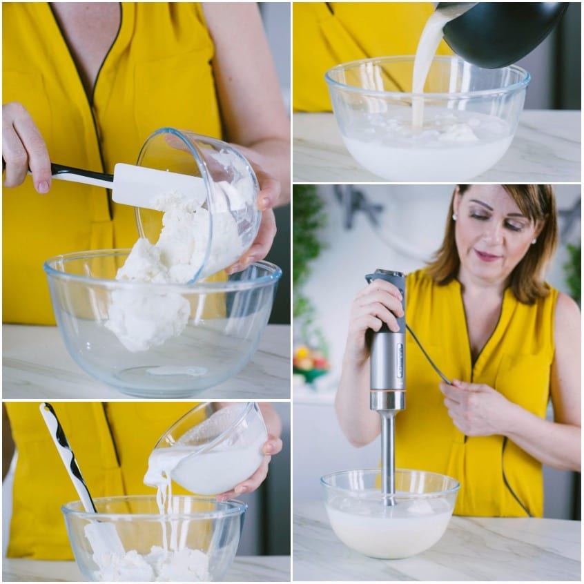 Donna frulla con un mixer a immersione la crema di ricotta e latte di cocco in una ciotola