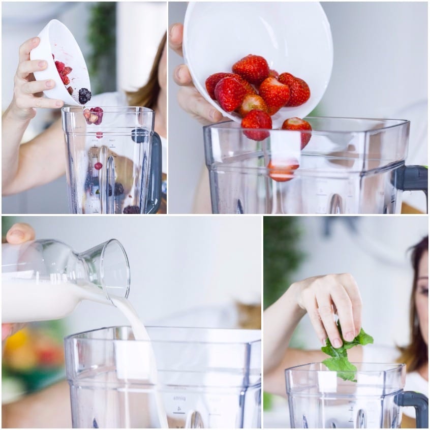 Fragole fresche, frutti di bosco, latte e menta vengono aggiunti nel frullatore