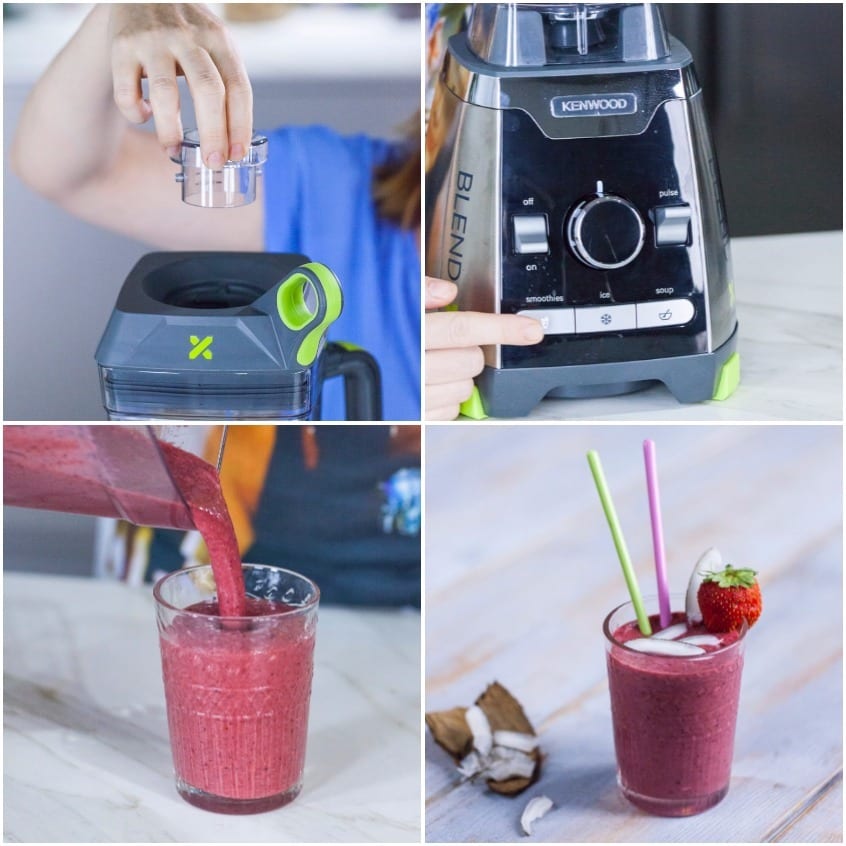 Quattro fasi della preparazione: frullatore in azione, versamento e smoothie ai frutti di bosco con fragola e cocco