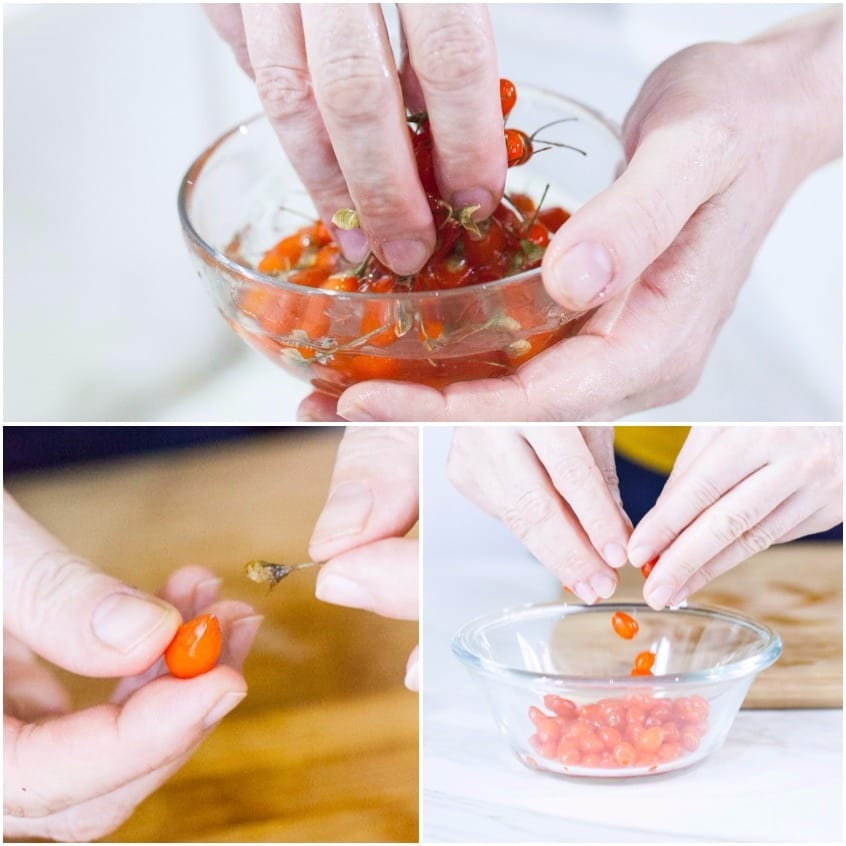 Mani che rimuovono il picciolo dalle bacche di goji dopo il lavaggio