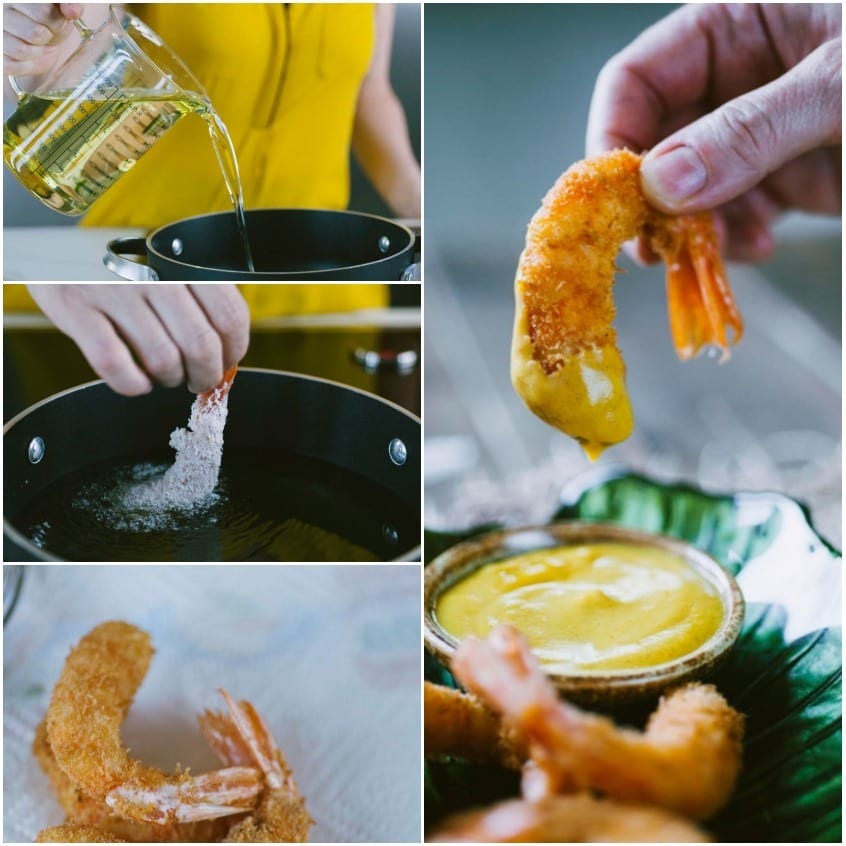Gamberi fritti al cocco immersi nell'olio caldo e intinti nella salsa di senape al miele