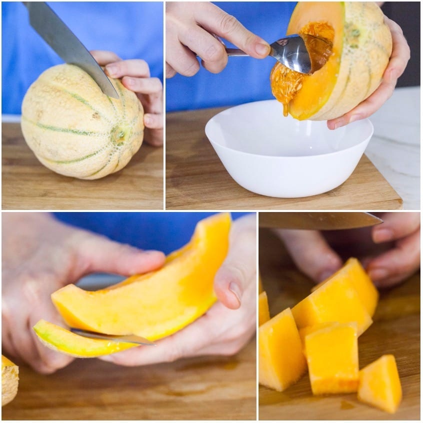 Melone cantalupo tagliato a tocchetti dopo aver rimosso semi e buccia