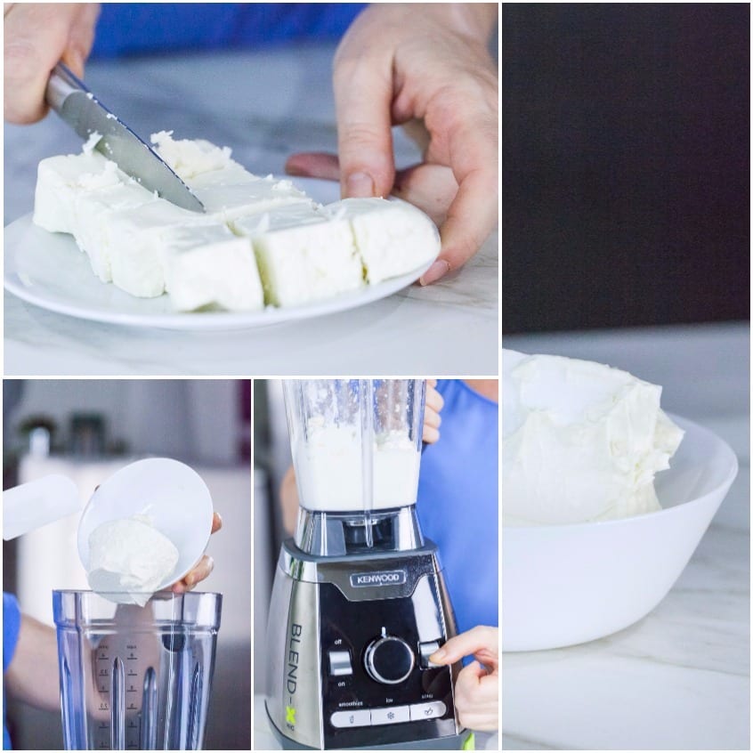 Feta tagliata a cubetti e ricotta frullate insieme per ottenere un composto cremoso