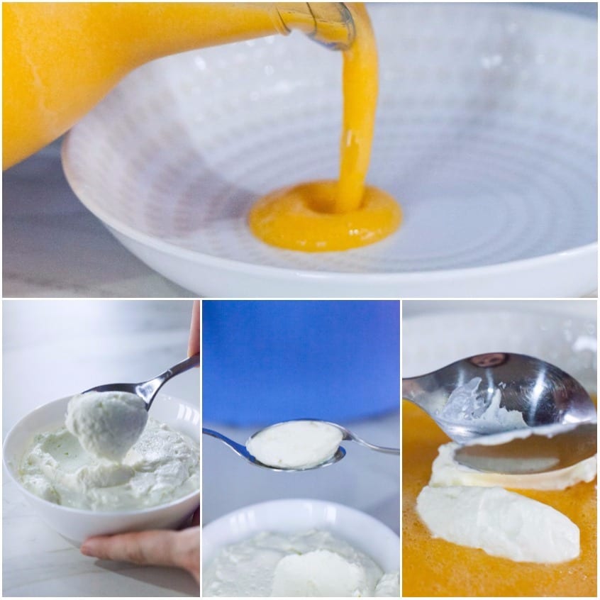 Salsa di melone versata nel piatto e quenelle di feta modellate con il cucchiaio