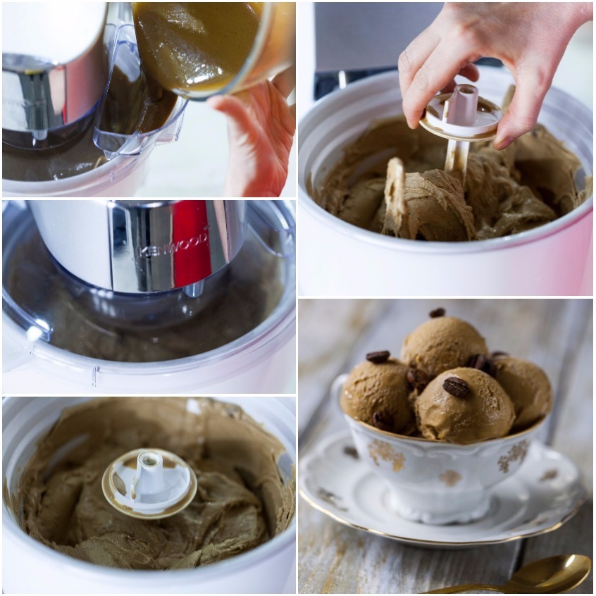Composto al caffè versato nella gelatiera e gelato mantecato pronto da servire con chicchi di caffè