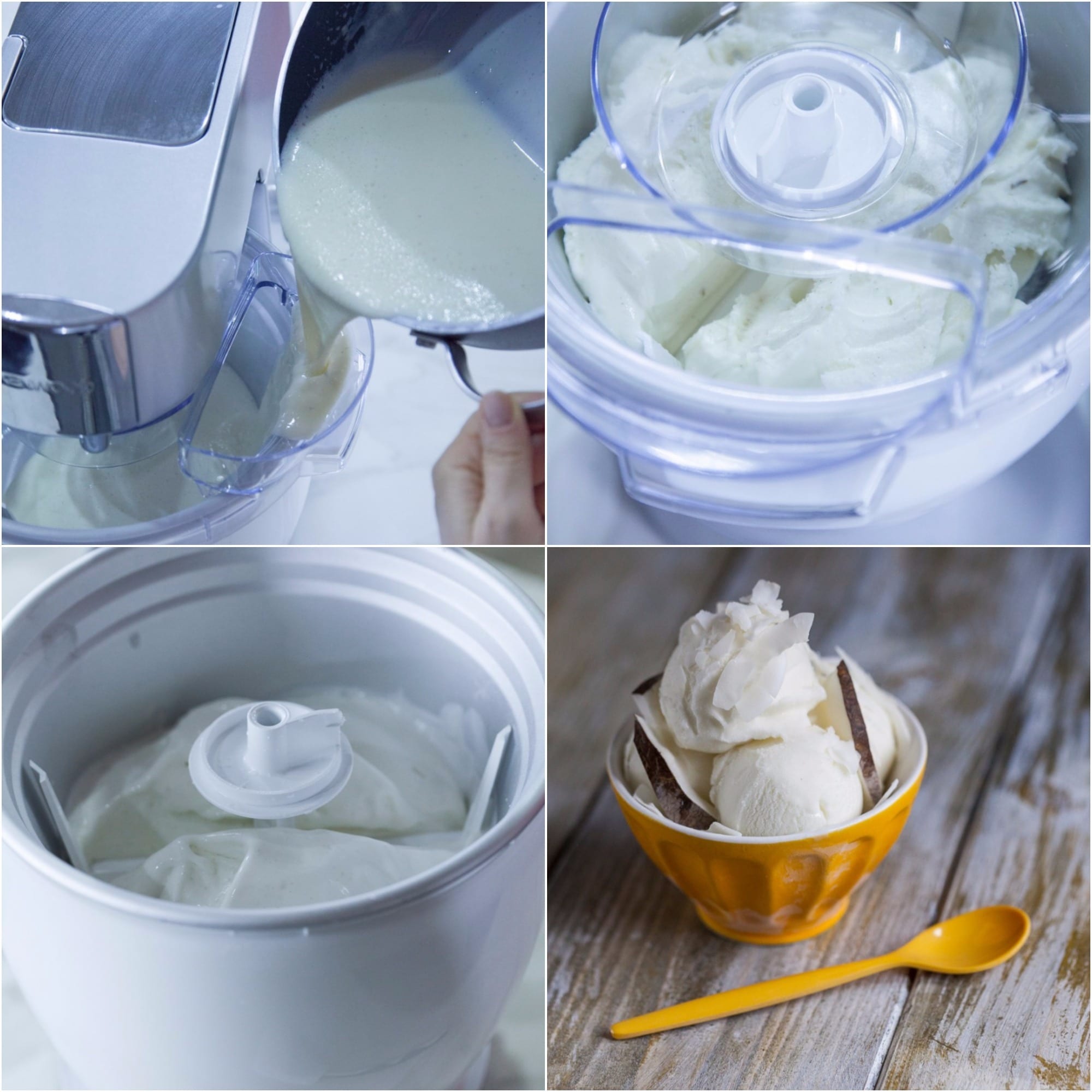 Composto liquido versato nella gelatiera e gelato al cocco mantecato pronto in coppetta