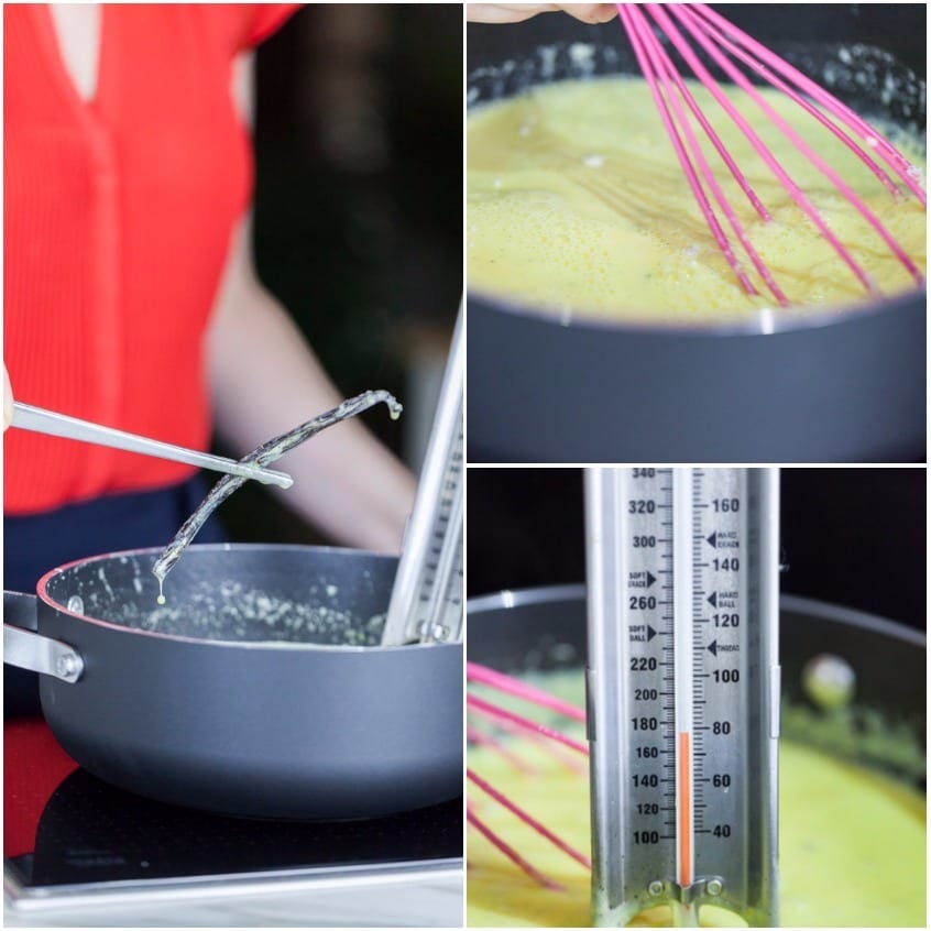Crema per gelato mescolata con una frusta mentre un termometro ne controlla la cottura